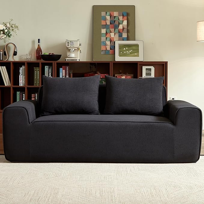 Boneless Couch 3 Seater Foam Sofa 76 Comfy Deep Seat Sofa with 2 Pillows Modern Velvet Cloud Couch for Living Room Apartment Wide Armrests (Black)