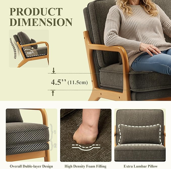 Modern Accent Chair Set of 2 with Lumbar Pillow Relaxing Mid Century Chair Armchair with Solid Wood Frame &amp Soft Cushion Reading Leisure Armchair for Living Room Green
