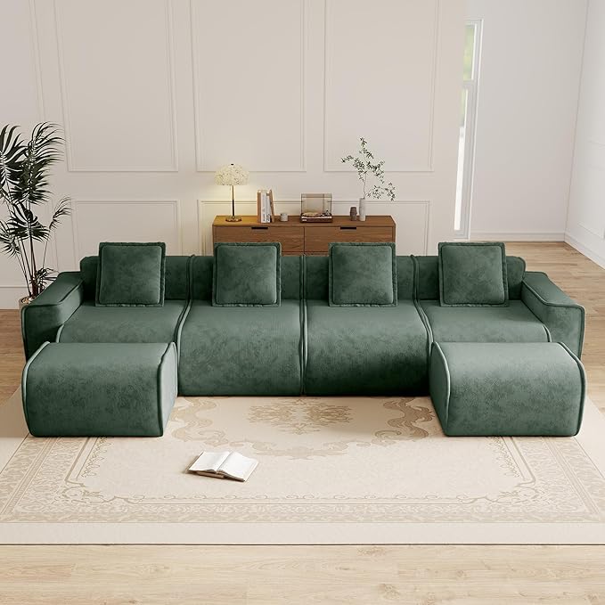 KEIKI 4Seat Modular Boneless Velvet Sofa Couch for Garden Home Apartment Living Style Conscious Nature Lovers Soft Plush Comfortable Cozy Relaxing Lounge Modern Contemporary Design Green