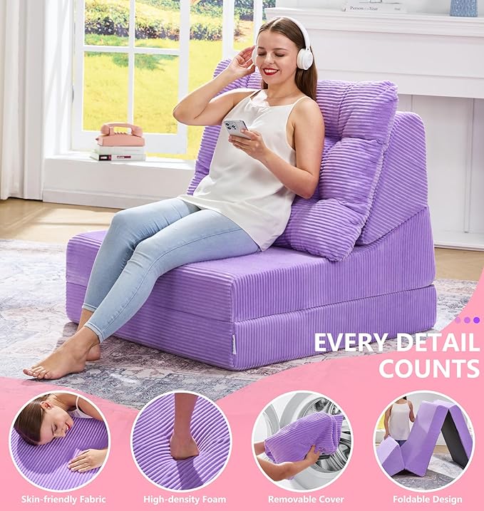 Hobestluk Sofa Couch Folding Sofa Bed Comfy Floor Lounger Convertible Sofa with Removable Cushion Couches for Small Spaces Foldable Mattress for Living Room Bedroom or Office (Cordury Purple Large)