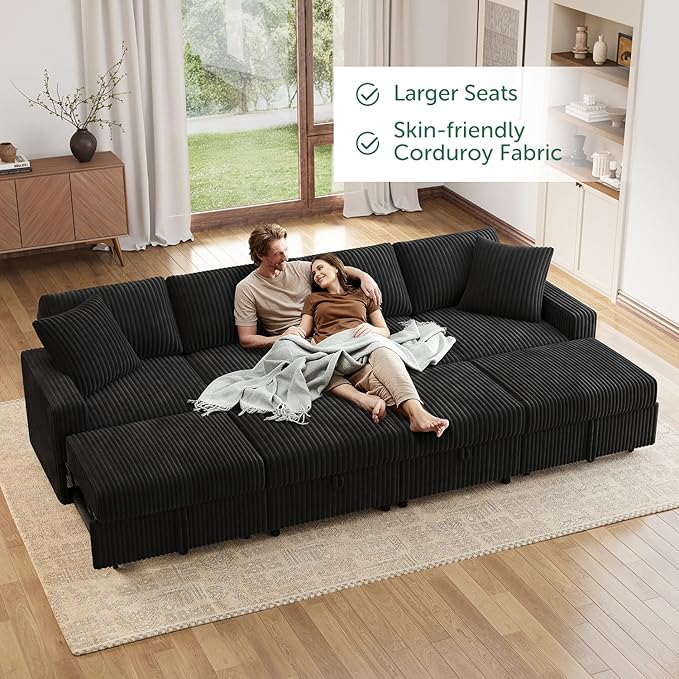 HONBAY 121.3 Inch Modular Sectional Sleeper Sofa with Pull Out Bed Convertible L &amp U Shaped Couch with Storage &amp Adjustable Backrest Velvet Black