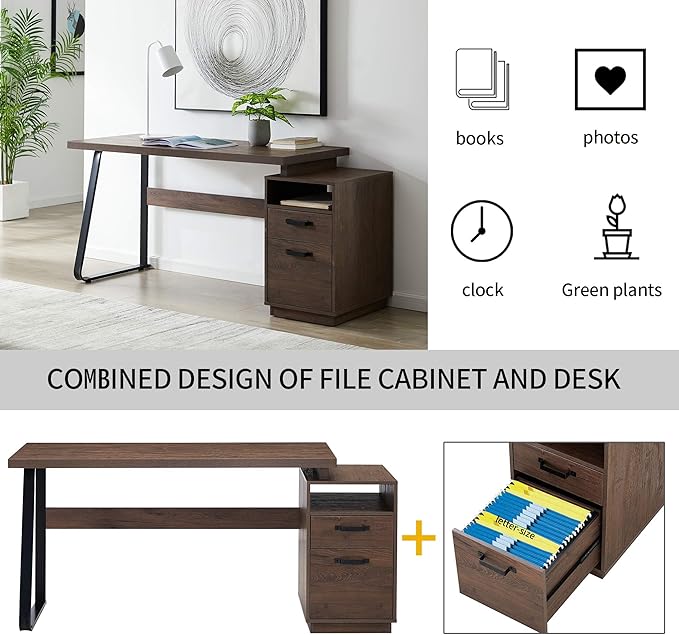 Home Office Computer Desk with Drawers/Hanging Letter-Size Files 65 inch Writing Study Table with Drawers