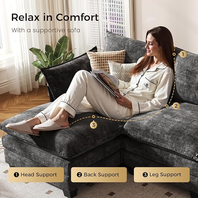 KKL Modular Sectional Sofa V-Shaped 3 Seater Cloud Couch with Ottoman Chenille Modern Sectional Couches for Living Room Apartment Grey