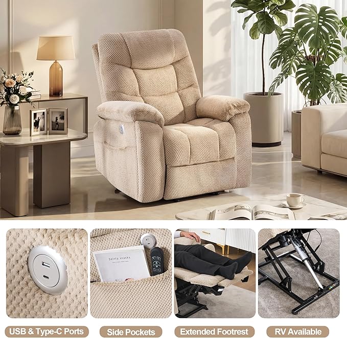 Oversized Power Lift Recliner Dual Motor Elderly Lift Chair with Independent Backrest &amp Footrest Adjustment Hidden Cupholder USB-A/USB-C Charging Ports Lounge Chair for Living Room