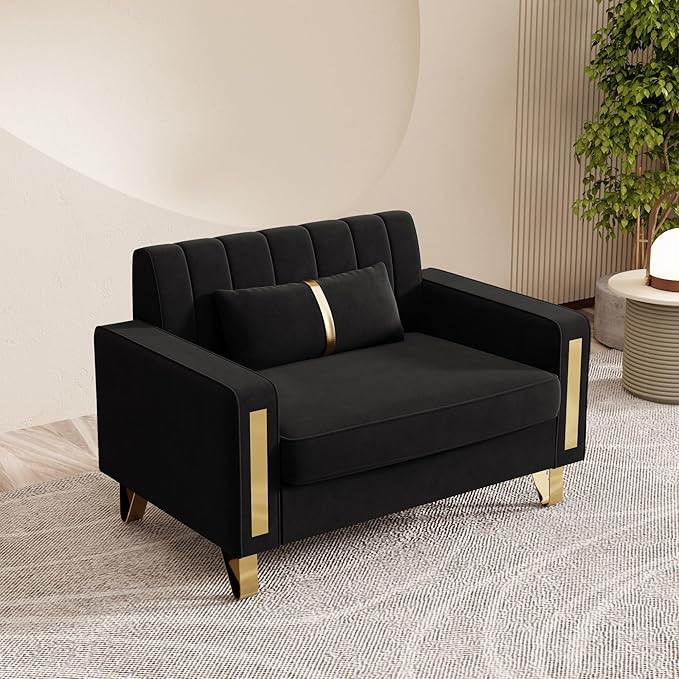 48.62 Modern Velvet Single Sofa Chair Upholstered Comfy Couch with Gold Metal Legs (Black-1 Seater)