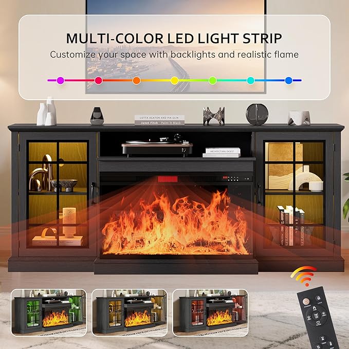 80 Fireplace TV Stand with 3-Sided Glass TV Cabinet for TVs up to 90 Modern Media Entertainment Center with Farmhouse Glass Door Storage Cabinets for Living Room Black