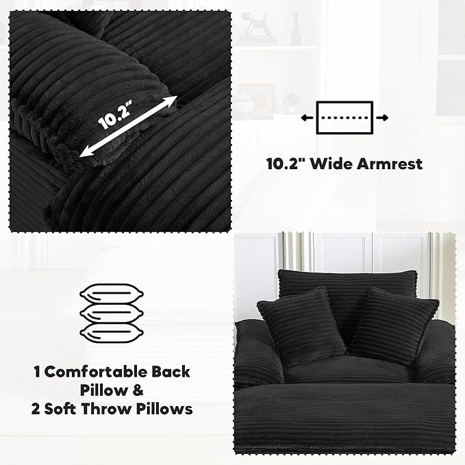 Oversized Chaise Lounge Chair Boneless Sofa Couch Upholstered Lounge Sofa Chair with Ottoman Indoor Corduroy Deep Seat Sleeper Chair for Living Room No Assembly Required Black