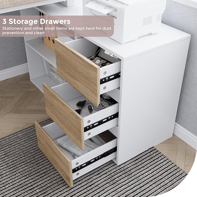 Home Office Computer Desk Corner Desk with 3 Drawers and 2 Shelves 53-inch L-Shaped Study Desk with Storage White + Walnut