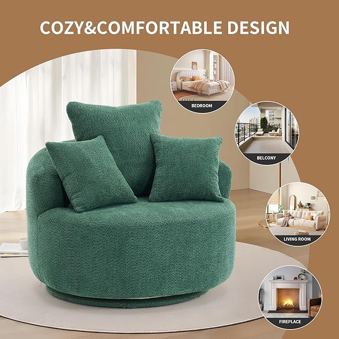 40” Greeen Round Swivel Chair with 3 Pillows &amp Thick Cushion Oversized 360° Swivel Accent Chair Modern Boucle Armchair for Nursery Living Room Bedroom Club