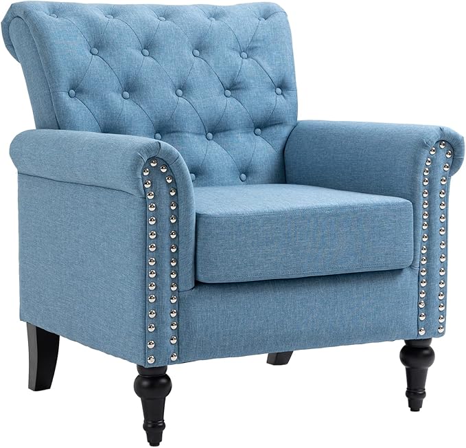Mid-Century Modern Accent Chair Linen Armchair w/Tufted Back/Wood Legs Upholstered Lounge Arm Chair Single Sofa for Living Room BedroomLight Blue