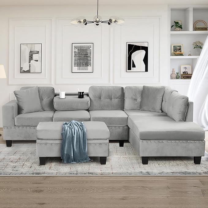 Modern 105 L-Shape Sectional Sofa with Storage Ottoman and Reversible Chaise Velvet Upholstered Couch Set with 2 Pillows and Cup Holders for Living Room Apartment Home Office (Gray-5.26)