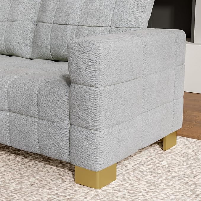 81.89 Sofa Comfy 3 Seat Sofa Tufted Chenille Upholstered Sofa Couch for Living Room with Gold Metal Legs and 2 Throw Pillows (Grey（3+3）)