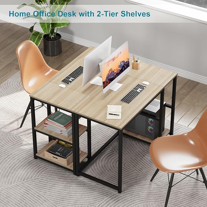 SINPAID Computer Desk 47 inches with 2-Tier Shelves Sturdy Home Office Desks with Large Storage Space Modern Gaming Desk Study Writing Laptop Table Oak