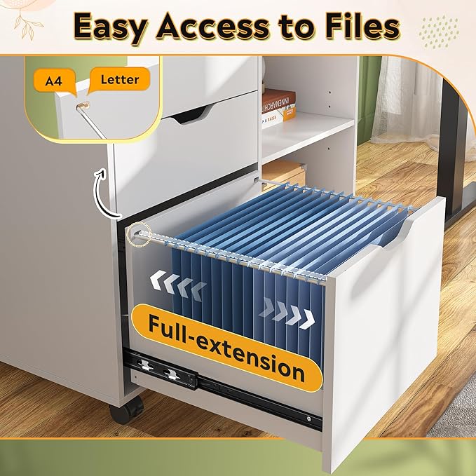 DEVAISE 3-Drawer Wood File Cabinet Mobile Lateral Filing Cabinet Printer Stand with Open Storage Shelves for Home Office White