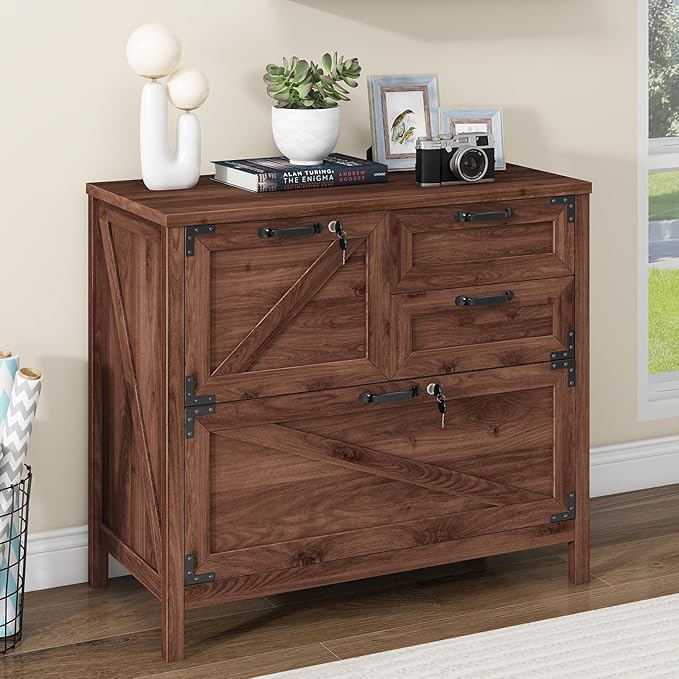 Lateral File Cabinet with 4 Drawers Farmhouse File Cabinet for Letter/Legal/A4 Size Hanging Files Large Wood File Storage Cabinets Printer Stand for Home Office Cabinets Brown with Lock