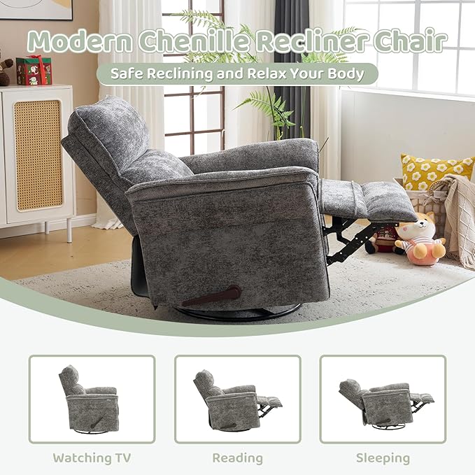 Oversized Rocking Chair Nursery with Adjustable Headrest 26 Extra Wide Glider Recliner Nursery Chair for Nursery 360° Swivel Rocker Recliner with Overstuffed Armrest Dark Grey