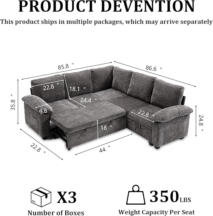 85 Inch Modular Sectional L Shaped Couch Sofa with Pull Out Bed5 Seat Sectional Sleeper Sofa with StorageCouches for Living Room (Gray 5 Seat Sleeper Sofa)