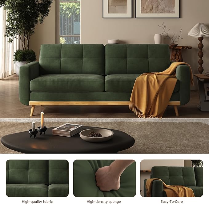 67.7” Loveseat Sofa Mid Century Modern Decor Love Seat Couches for Living Room Button Tufted Upholstered Small Couch for Bedroom Solid and Easy to Install Furniture (Green 67.7inch)