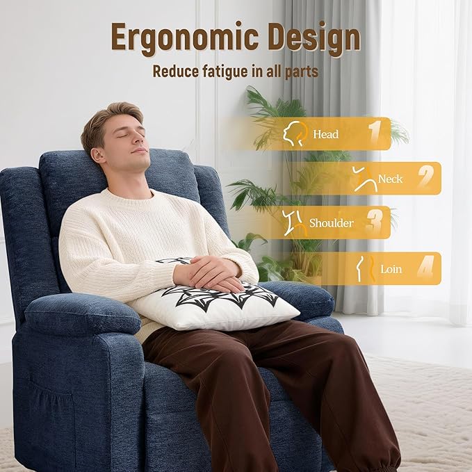 Power Recliner Chair Living Room Chairs for Adults Oversized Electric Recliner with Side Pockets Chenille Fabric Reclining Chair for Living Room Bedroom
