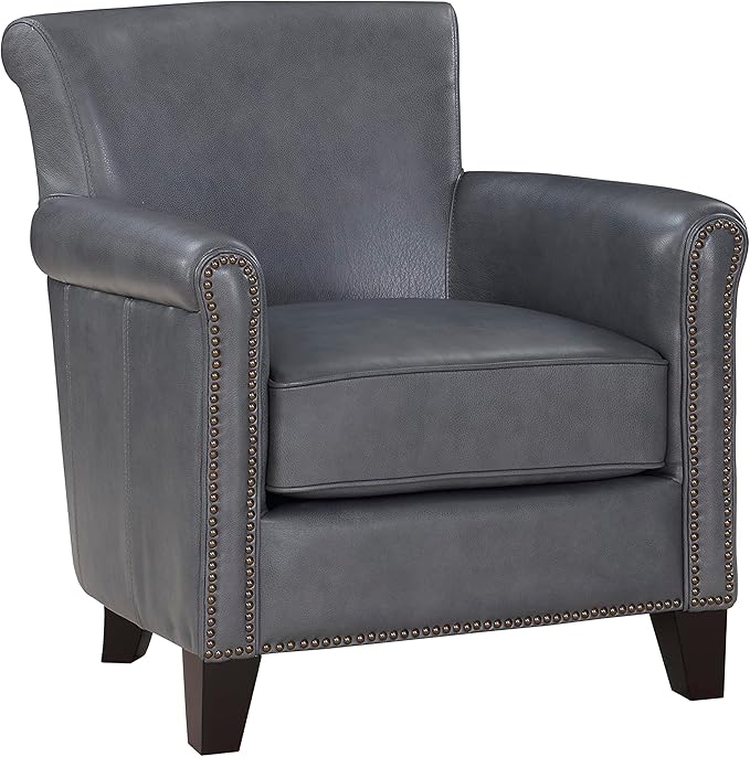 Lexicon 100% Top Grain Genuine Leather Chair Leather Accent Chairs for Living Room Solid Wood Frame Rolled Armrest &amp Nailhead Trim Comfy Reading for Bedroom Office Waiting Room Burnish Gray