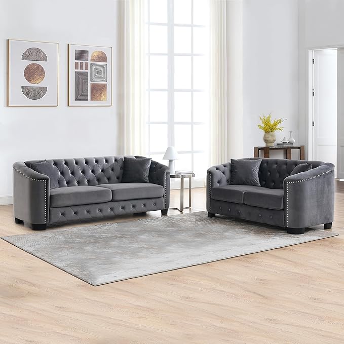 mikibama Luxury 2 Piece Chesterfield Velvet Sofa Set for Living Room Modern Decor Furniture Sectional Sofa 3 Seater &amp Loveseat Upholstered Tufted Couch for Apartment Office Hall(Grey)