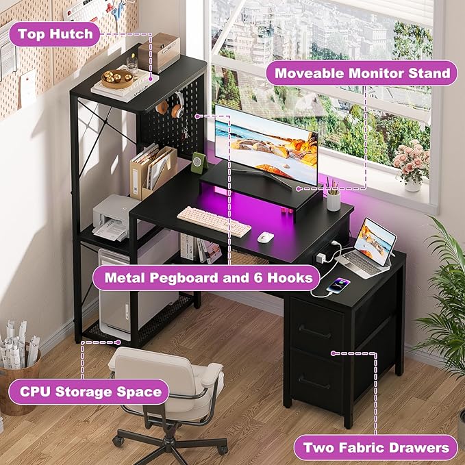 Small Gaming Desk with 2 Fabric Drawers - Reversible Computer Desk with Power Outlet &amp LED Lights 49 Office Desk with Monitor Stand &amp Storage Shelves Writing Study Table with Pegboard Blac