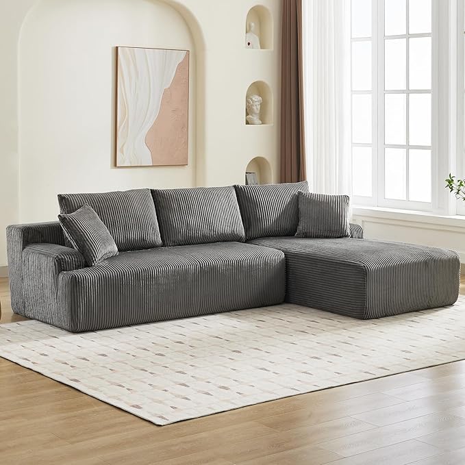 Sectional Cloud Boneless Couch 106 Modern Comfy L-Shape Corner No Assembly Required Convertible Compression Sleeper Modular Sofa with Corduroy Fabric Deep Seat Loveseat + Chaise for Living Room