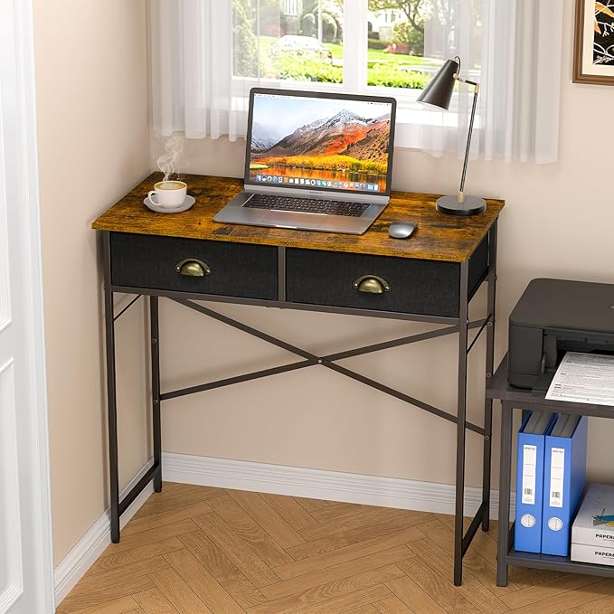 Small Writing Desk for Kids Bedroom 31.5 Inch Computer Desk for Small Spaces Simple Desk with 2 Fabric Drawers for Home Office Dorm Living Room Home Study Table Rustic Brown