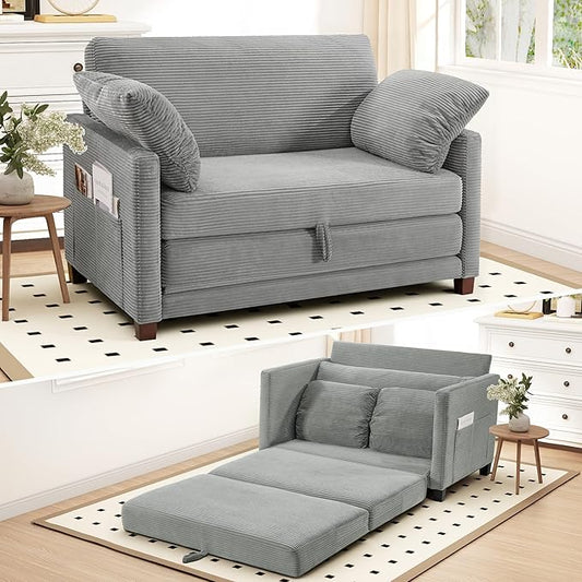 51 Convertible Loveseat Sofa Bed 2-in-1 Folding Sofa Bed with 2 Pillow for Small Spaces Modern Loveseat Sleeper Couch for Apartment Living Room &amp Guest Room (Light Grey Corduroy 51 inch)