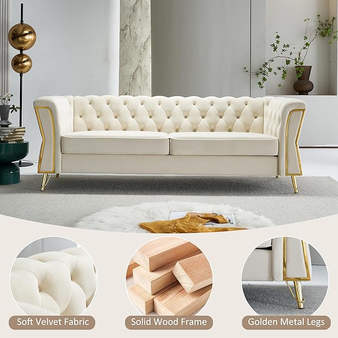87.4 Velvet Sofa Couch Mid-Century Modern Chesterfield Loveseat Classic Button Tufted 2 Seater Couch with Golden Legs for Living Room Office Bedroom (Beige)
