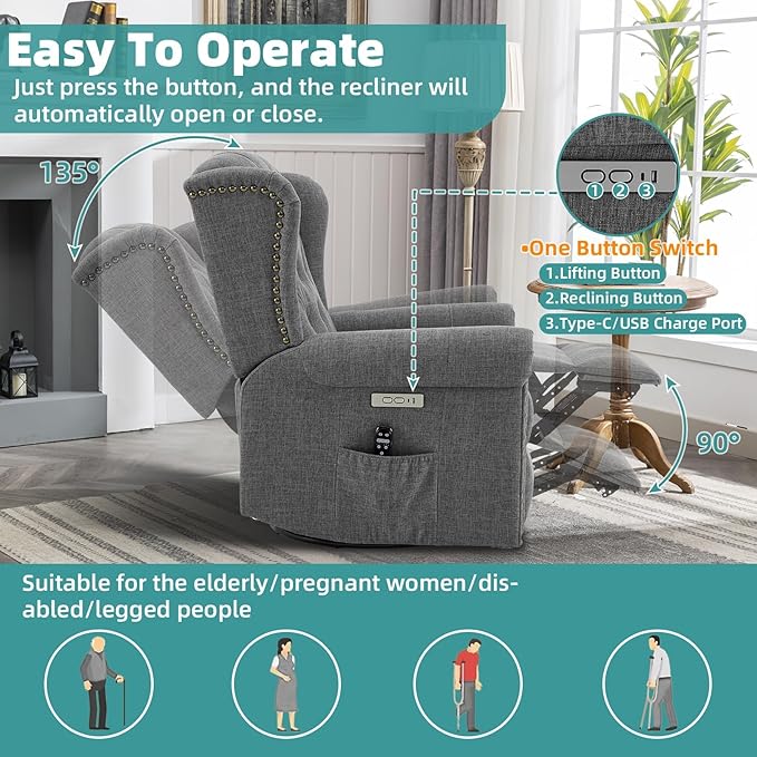 MEETWARM Power Swivel Rocking Glider Recliner Chair Electric Rocker Nursery Reclining Chair with Heat and Vibration Wingback Tufted Upholstered Recliner for Living Room Type-C and USB Ports (Grey)