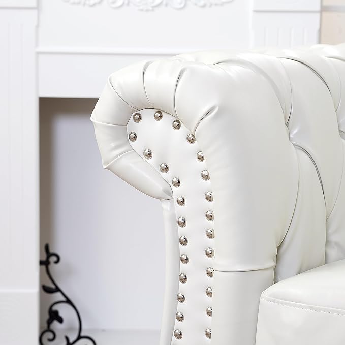 38.98''Single Chesterfield Sofa Mid Century Modern Tufted Sofa Chair with Rolled Arms and Nailhead Upholstered Leather Accent Chair with Solid Wood Legs for Living Room Office White PU