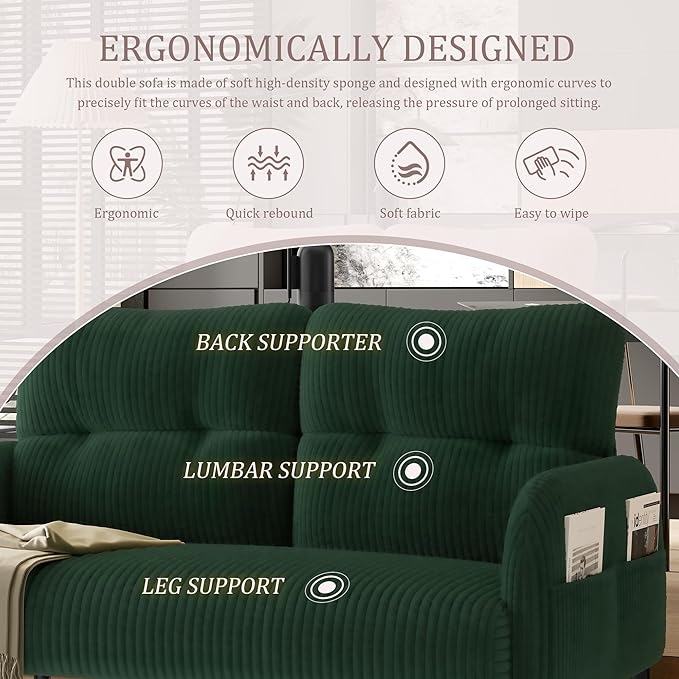 47'' Small Loveseat Sofa Comfy Corduroy Love Seat Couch for Small Spaces 2 Seater Sofa Office Couch with Solid Wood Legs for Living Room Bedroom Apartment (Emerald)