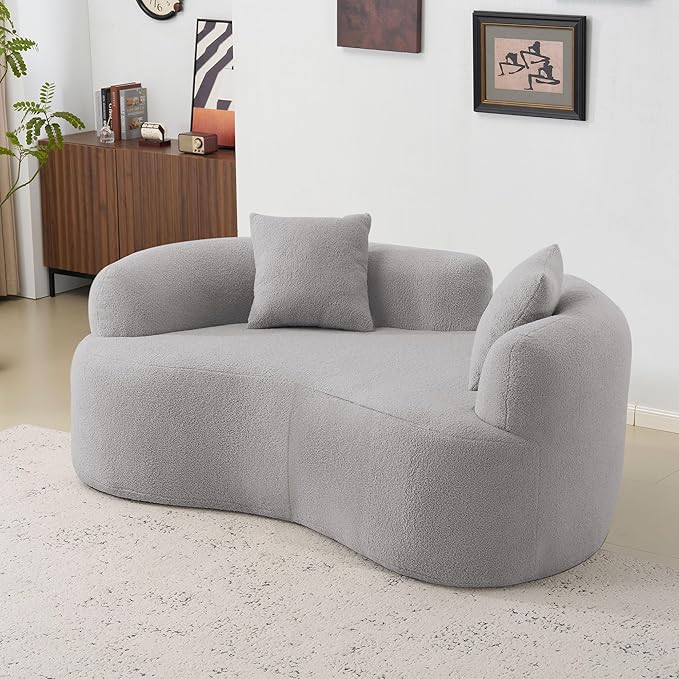 KEIKI 66.93 Cloud Sofa Curved Loveseat Sofa Teddy Velvet Compression Couch for Living Room Guest Bedroom No Assembly Required Gray