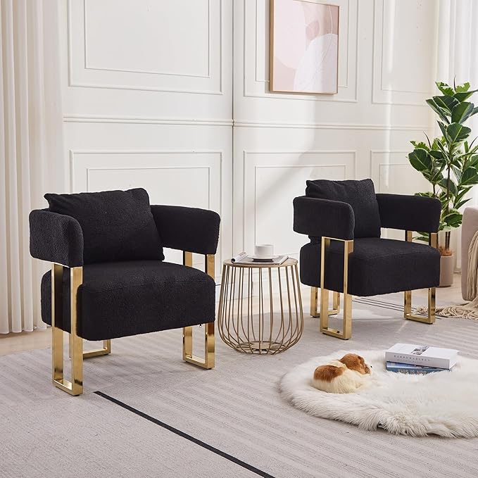 Yisheng Modern Barrel Accent Chairs Set of 2 Living Room Side Chairs with Golden Metal Legs Soft Upholstered Reading Armchairs no Wheels for vanity/Reception Room//Bedroom/Lounge/Office（Black Teddy）