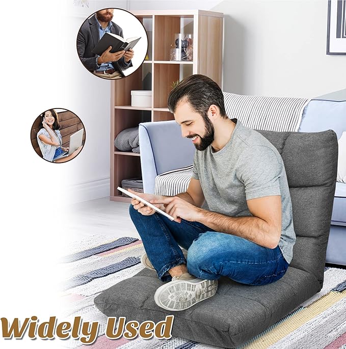 Giantex Adjustable Floor Gaming Sofa Chair 14-Position Cushioned Folding Lazy Recliner High Resilience Sponge Breathable Cotton &amp Linen Fabric Sleeper Bed Couch Recliner with Removable Cover (Gra