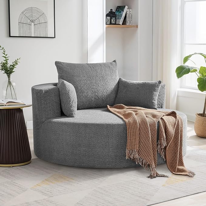 360° Swivel Barrel Chair - Oversized Round Sofa Chair and A Half with Removable Pillows Comfy Modern Upholstered Chenille Deep Seat Circle Chaise Lounge for Living Room Bedroom Office Hotel (Grey)