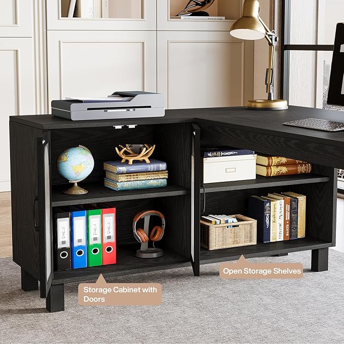 Tribesigns 59 L Shaped Desk with File Cabinet Executive Office Desk with Storage Shelves Modern Wood Computer Desk Coner Writting Desk for Home Office Work Study (Black)