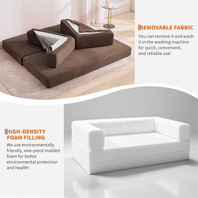 Garvee 5-in-1 Convertible Sofa Bed 78.8 Modular Corduroy Sleeper with Sturdy Frame &amp No Assembly Multi-Functional Futon for Small Space Living Room &amp Guest Room (Green) (Brown-A)