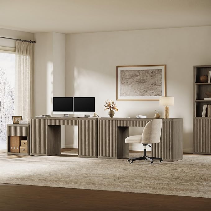 SICOTAS 61 Large Office Computer Desk with Storage Modern Home Office Desks with Drawer &amp Doors Fluted Desks Executive Desk Wooden Writing Table Vanity Table for Living Room Bedroom Grey Alder