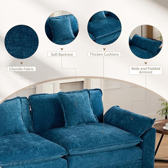 152.8 Modern Chenille Modular Cloud Sofa 4 Seater L Shaped Couch with Spring Cushions Featuring Deep Seats and Pillows Easy Assembly Comfy Large Sectional Couches for Living Room Blue