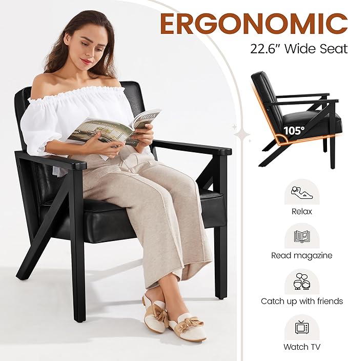 Yaheetech Accent Chair PU Leather Reading Chair Mid Century Modern Arm Chair with Solid Wood Frame for Living Room Bedroom Waiting Room 2 Pieces Black