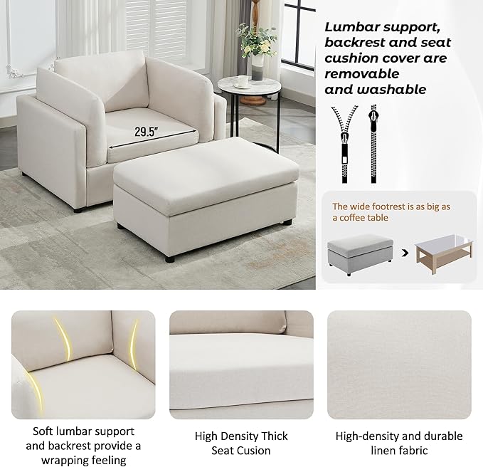 Modern Chenille Oversized Armchair with Ottoman 50.4 Wide Accent Chair Luxurious Linen Fabric Single Sofa Chair with Pillows and Wide Armrests Living Room Apartment Offices (Cream-50.4'')
