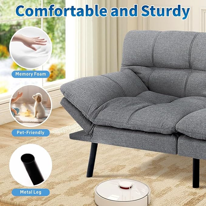 MUUEGM Futon Sofa Bed 71 Convertible Linen Memory Foam Couch Bed Modern Backrests Armrests Love Seat for Living RoomApartmentOfficeLight Grey Sleeper Couch