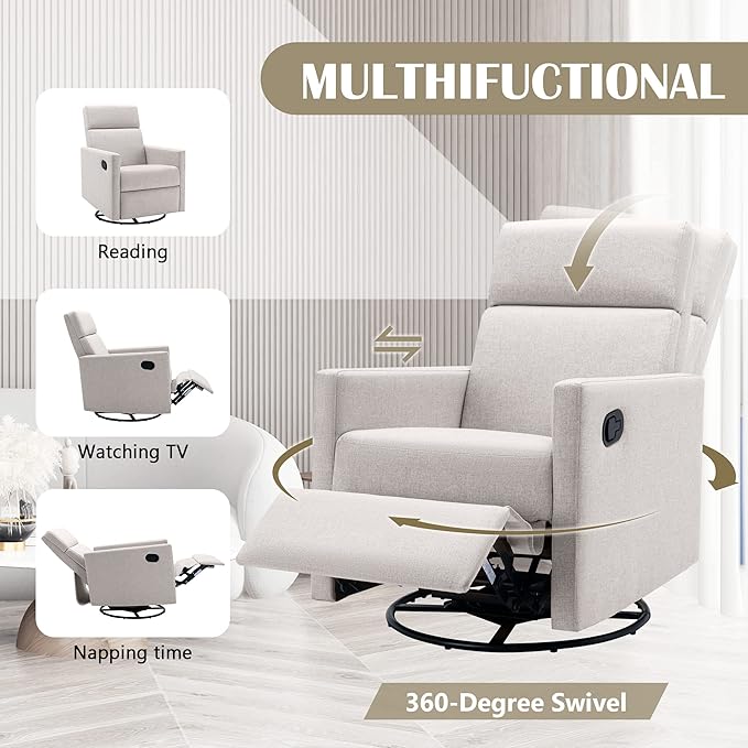Swivel Rocker Recliner Chair 360 Degree Swivel Nursery Rocking Chair Manual Glider Rocking Recliners Chairs for Living Room Bedroom (Tan)