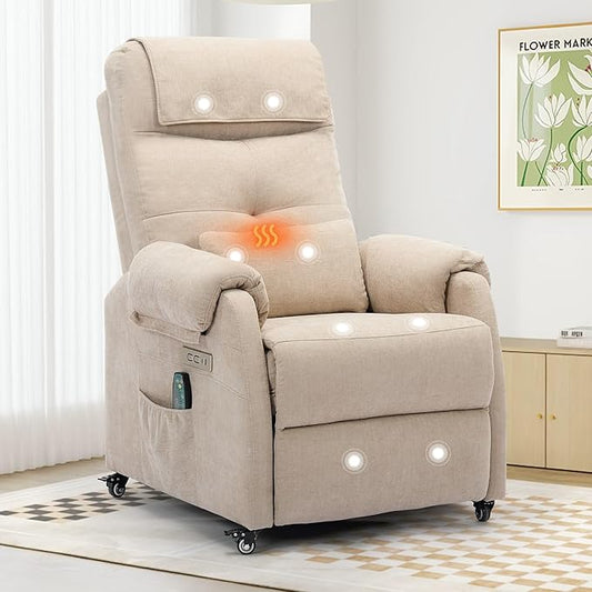 Power Recliner Chair for Adults Recliner for Small Spaces with Rollers Electric Chair with Massage and Heat USB and Type-C Charge Port Fabric Recliner Chair for Living Room Bedroom