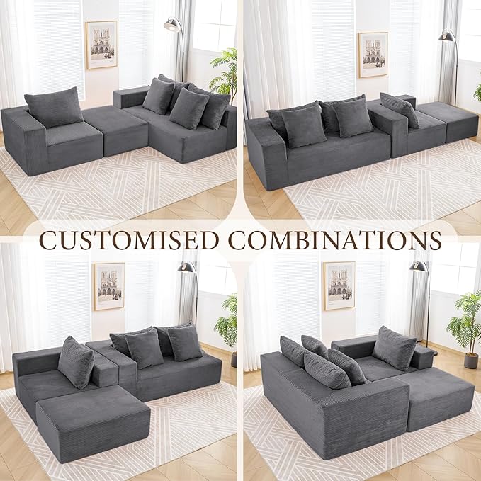 INGEROOM 108 Modular Cloud Sectional Couch with Deep Seat Boneless Sofa with Movable Ottoman Plush Corduroy Memory Foam Couch for Living Room No Assembly Dark Gray