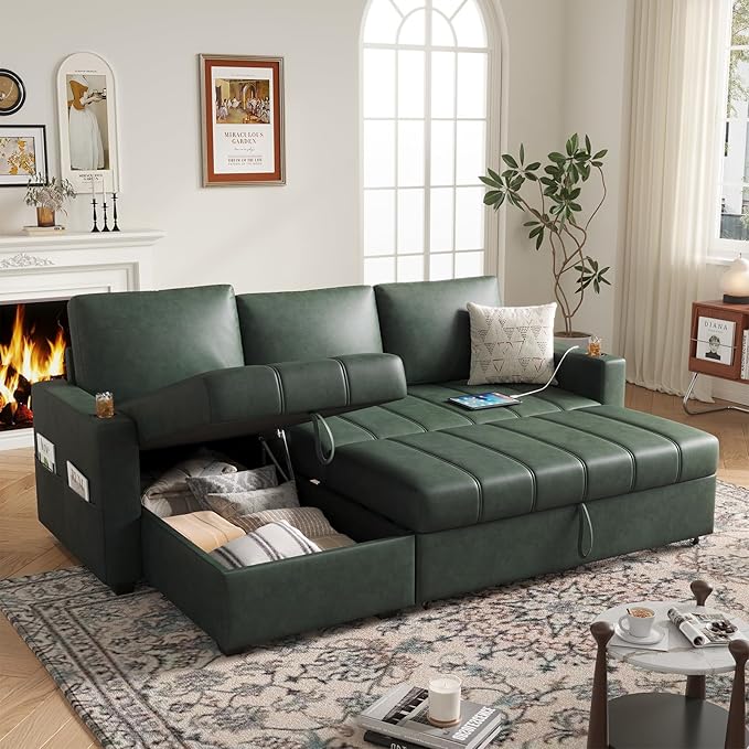 89 inch L-Shaped Sectional Sofa Sleeper with Storage Space &amp Side Pocket Anti-Scratch Faux Leather Couch Bed with USB Port &amp Cup Holder Modern Piano Design Pull Out Bed for Living Room
