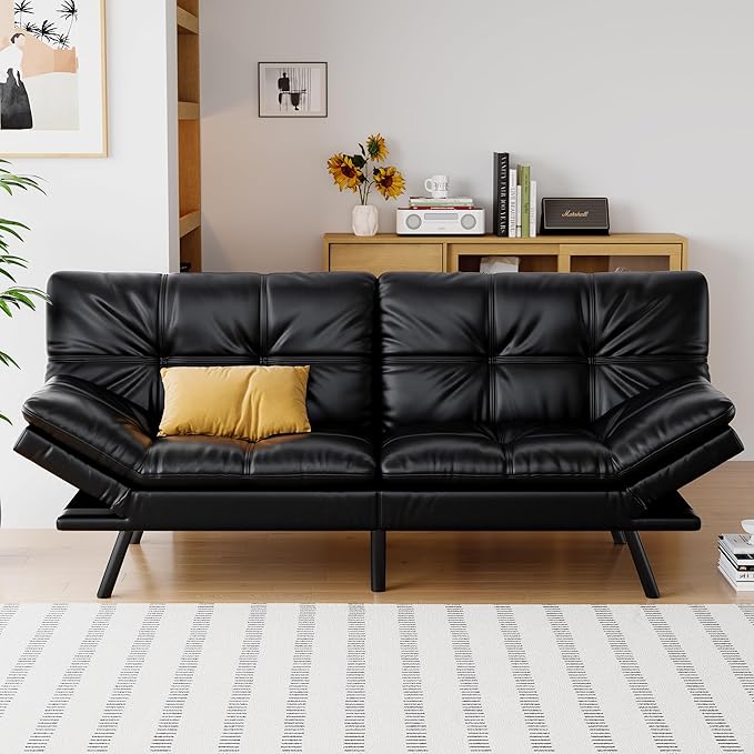 Futon Sofa Bed Convertible Couch Black Faux Leather Sofa Bed with Memory Foam Adjustable Backrest &amp Armrests Multifunctional Small Loveseat Sleeper Sofa for Living Room Apartment Office