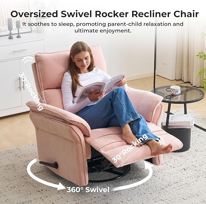 Oversized Recliner Chair 26 Extra Wide 360° Swivel Rocker Recliner with Adjustable Headrest Chenille Glider Rocking Nursery Chair with Overstuffed Armrest Lumbar Support Pink